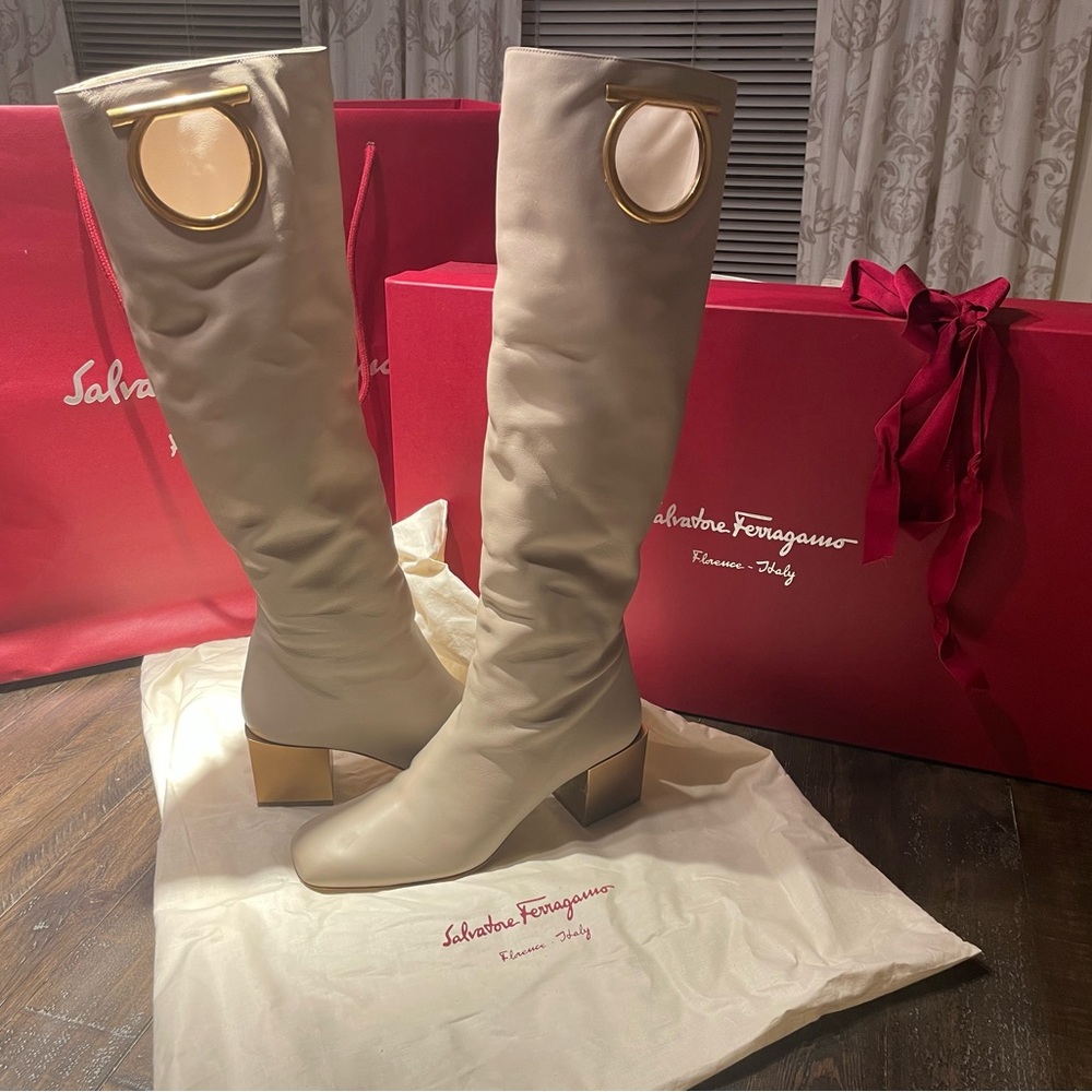 SALVATORE FERRAGAMO Mirror Heel Gancini Gold Knee High Med Boots US 8.5